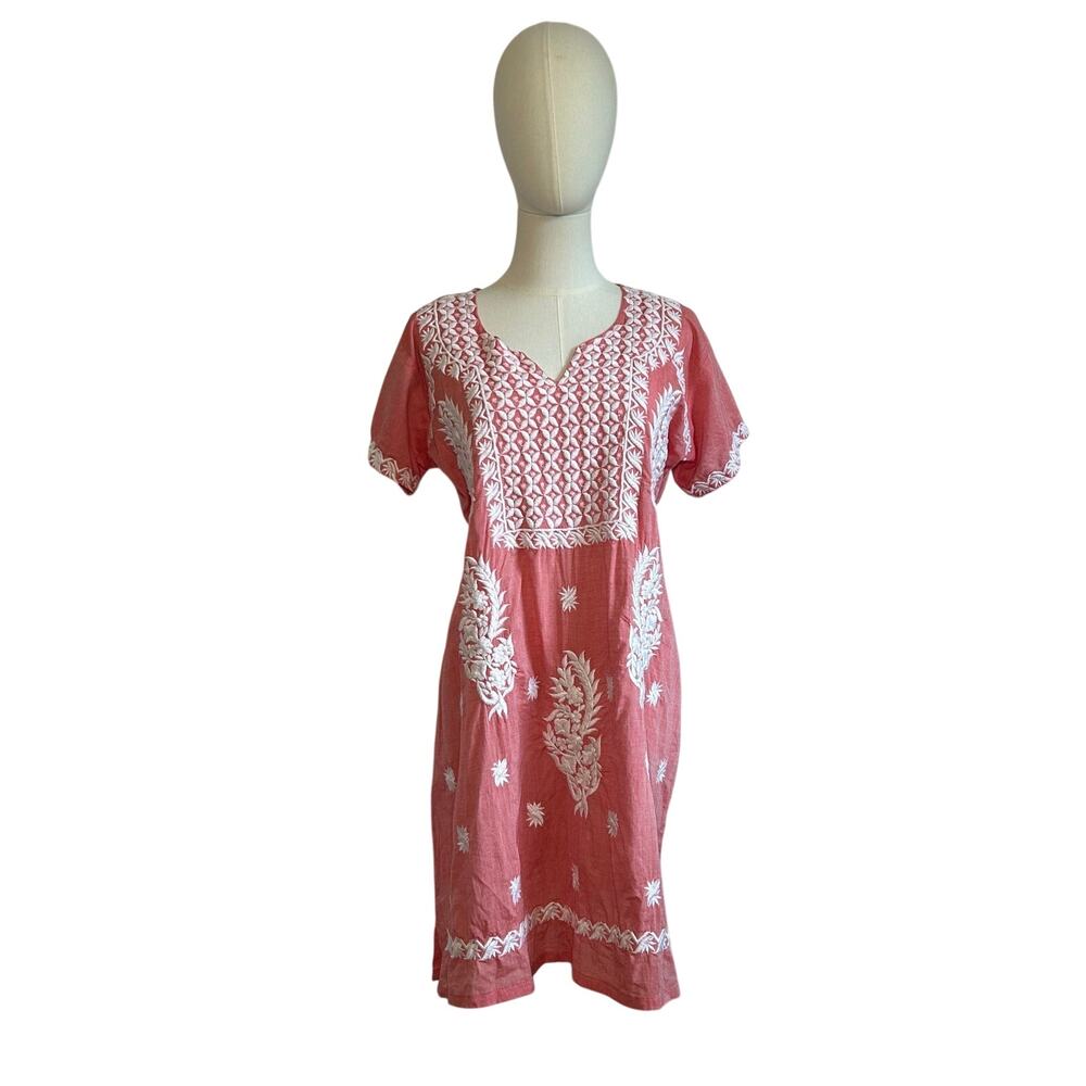 Indian Pink Peach Embroidered Cotton Mini 12 Dress Boho Cottage Fairy Whimsigoth